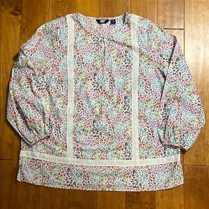 Lands' End White Cream 3/4 Sleeve Floral Boxy Blouse Size 1X Cottagecore Garden